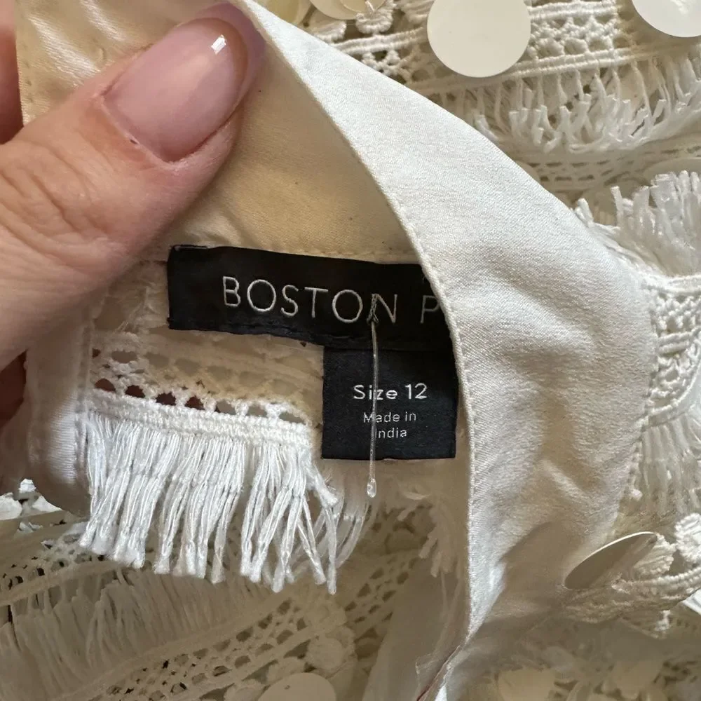 Boston Proper Fringe Sequin Two Piece Skirt Set‎ Sz 10 Cream